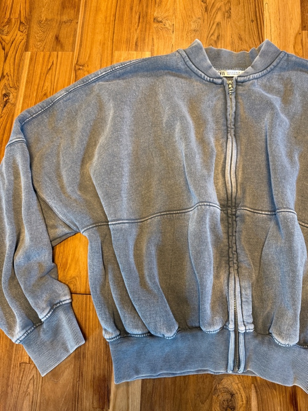 Zara Vintage Washed Light Blue Full-Zip bag bomber Sweatshirt
